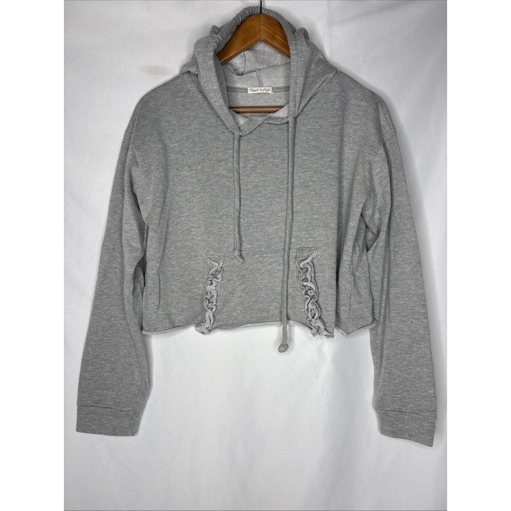 Heart & Hips Gray Cropped Hoodie Raw Hem Ruffle Pocket L Cozy Y2K Sweatshirt